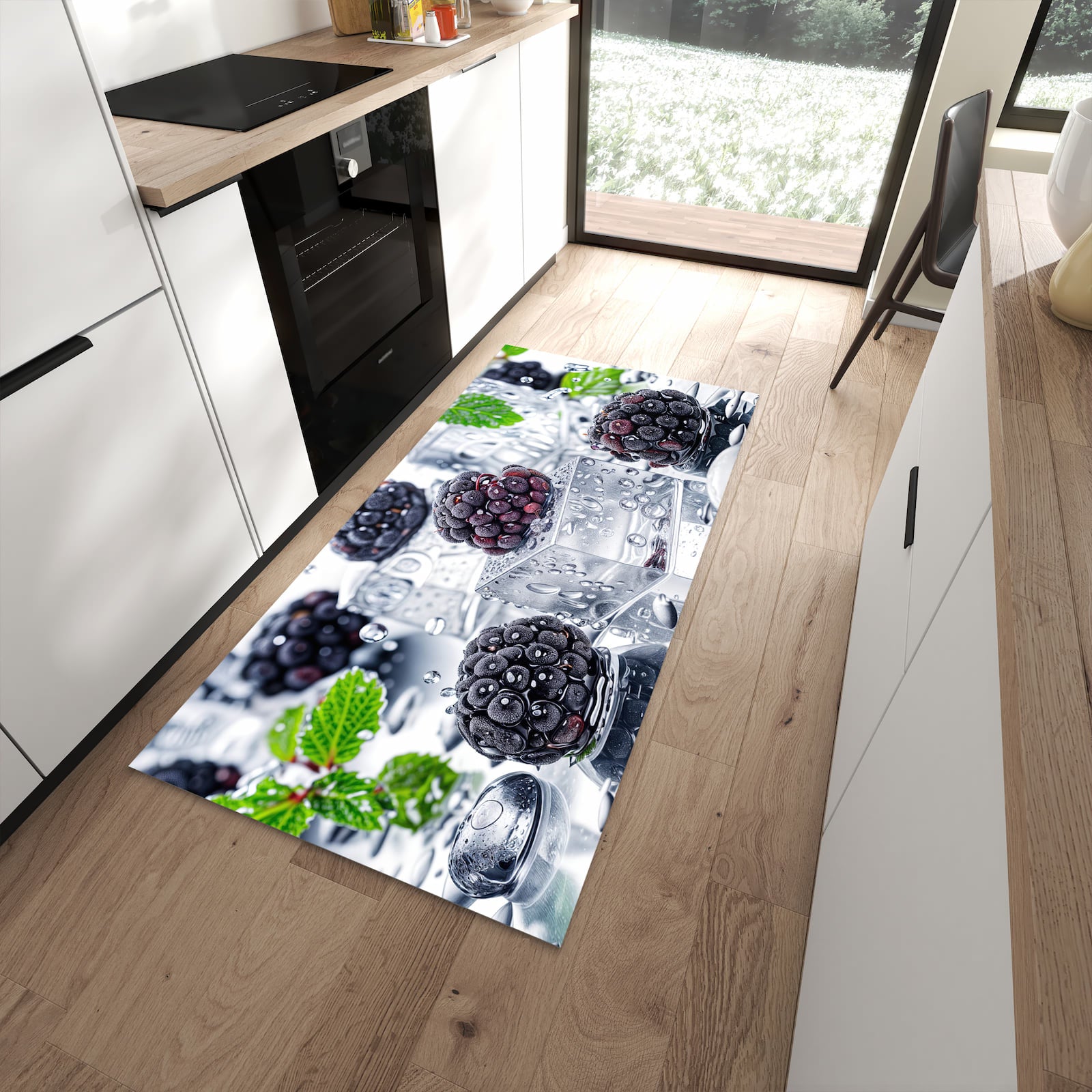 UV-beständiger Küchenteppich mit Motiv Brombeeren Eiskalt in moderner Küche