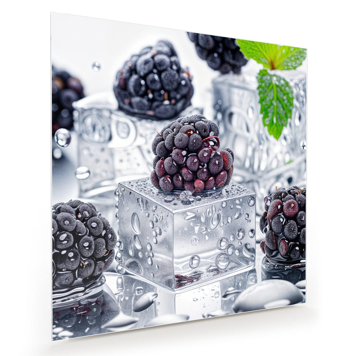 Reife Brombeeren auf klaren Eiswürfeln mit Wassertropfen und einem grünen Blatt