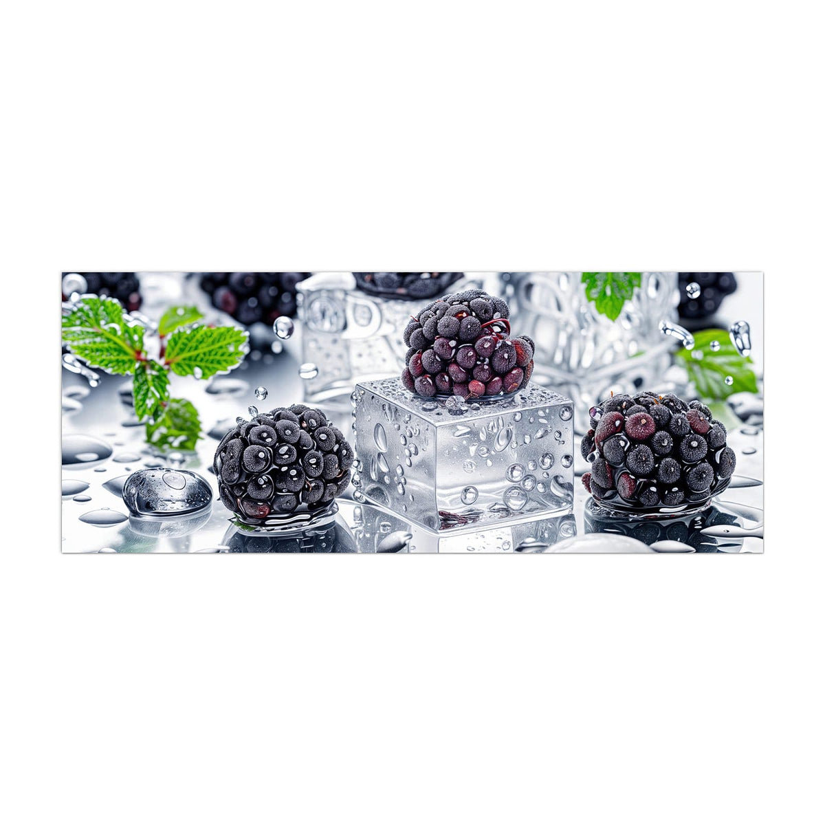 Küchenrückwand aus Glas Brombeeren auf Eis im Hochformat, Motiv bildfüllend von vorn
