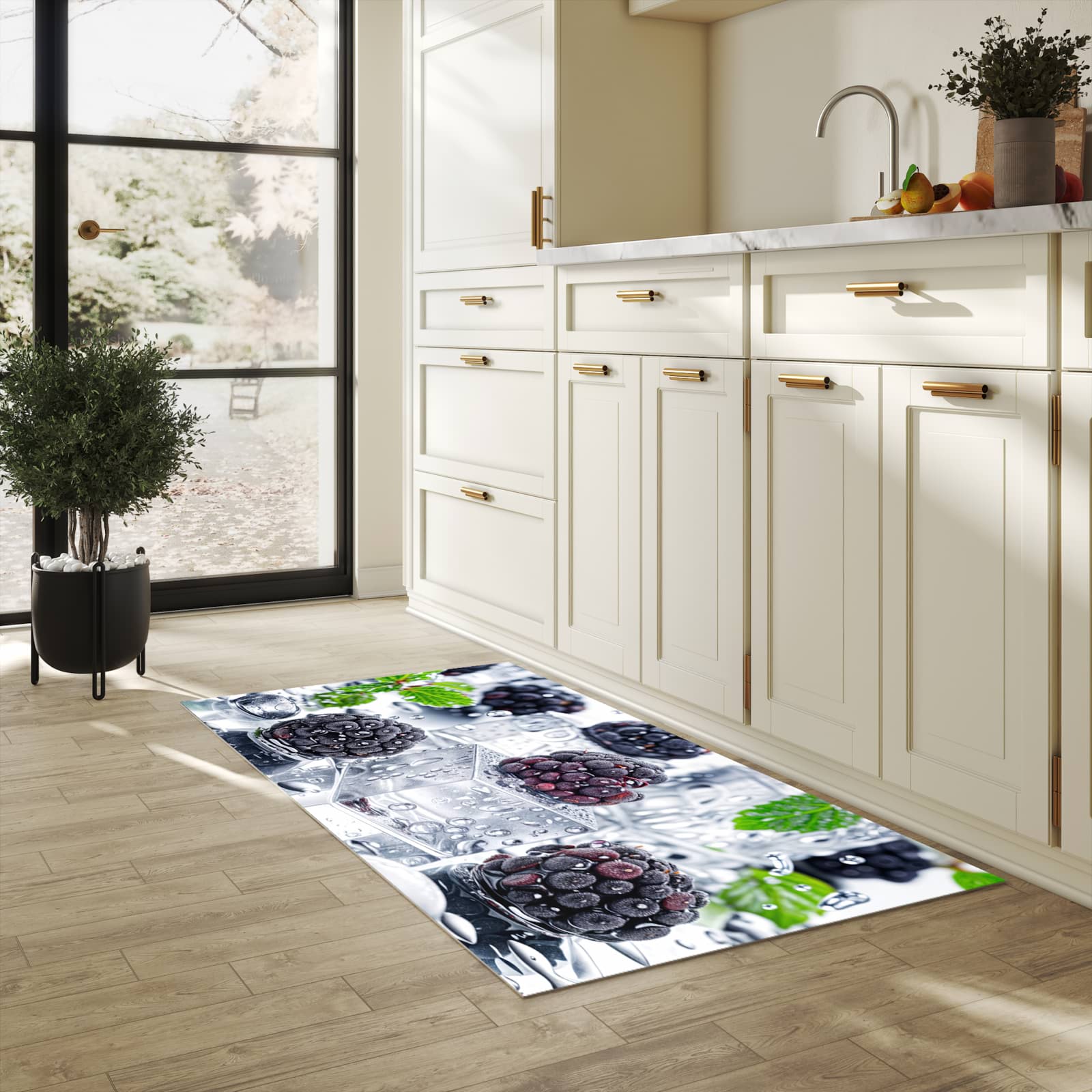 Flacher rutschfester Küchenteppich mit Motiv Brombeeren Eiskalt in heller Küche