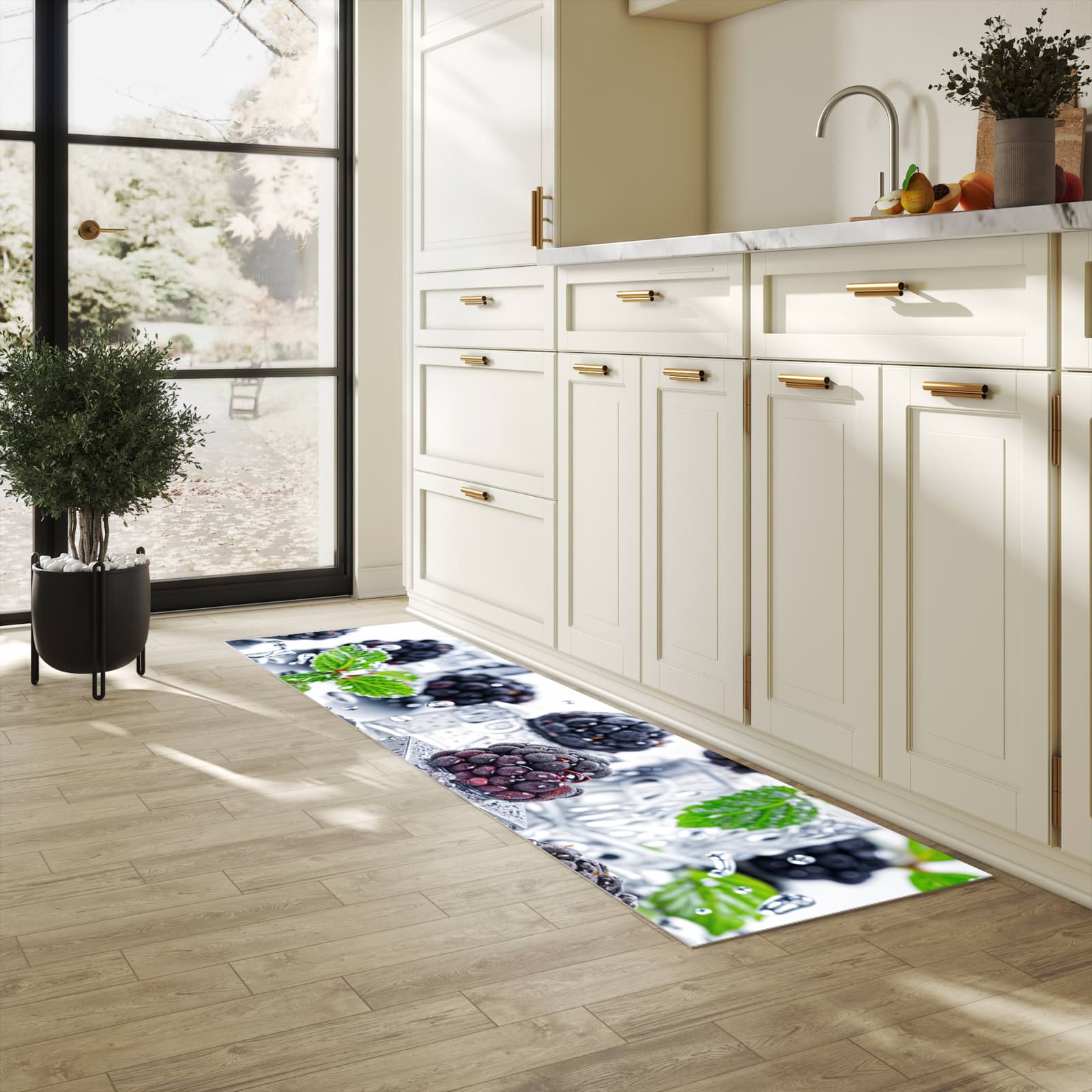 Abriebfester Küchenläufer mit Motiv Brombeeren Eiskalt in heller Küche