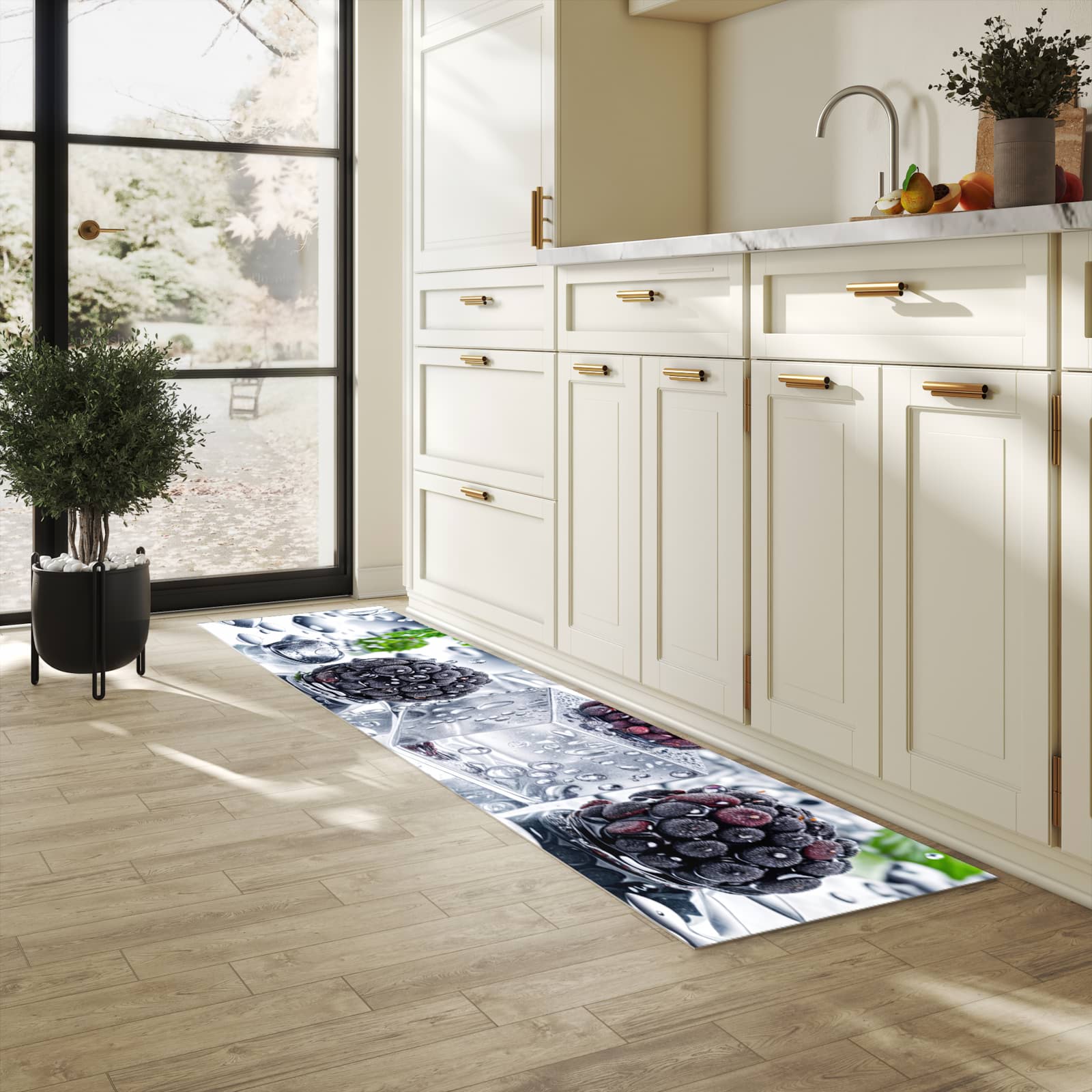 UV-beständiger Teppichläufer mit Motiv Brombeeren Eiskalt in heller Küche