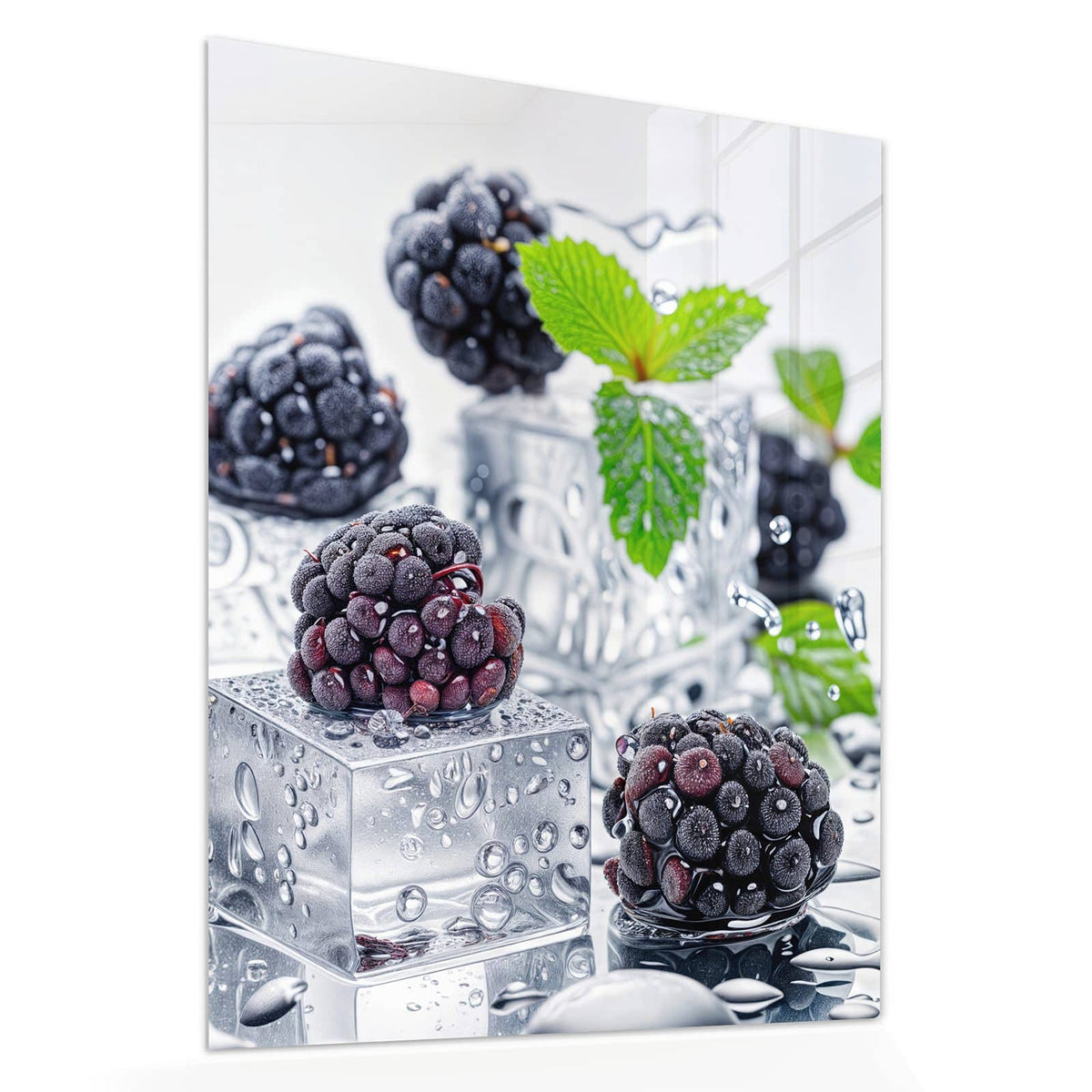 Echtglas, 4 mm – kein Acryl, keine Folie – Wandbild - Brombeeren auf Eis - Hochformat