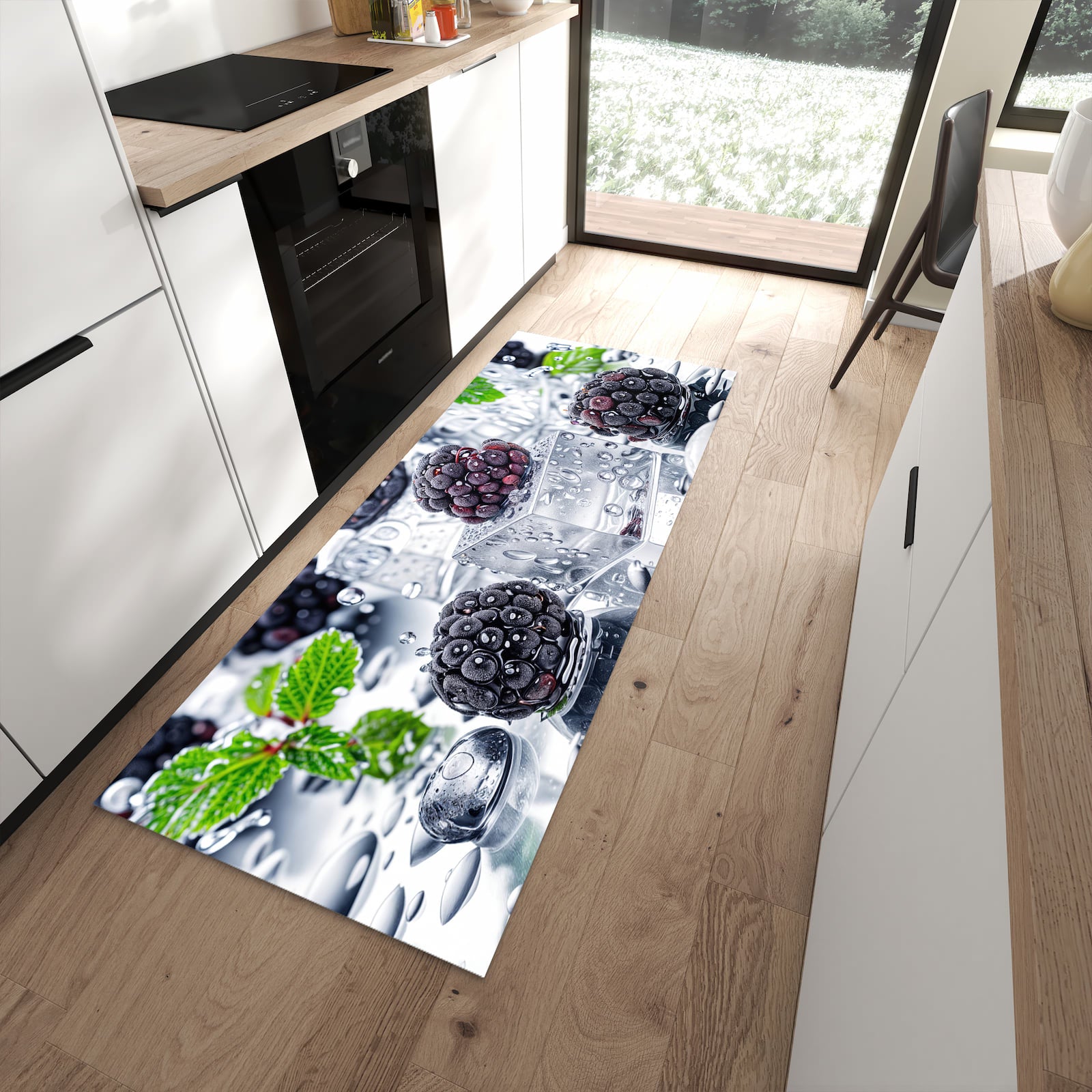 Waschbarer Küchenläufer mit Motiv Brombeeren Eiskalt in moderner Küche für sichere Aufbewahrung