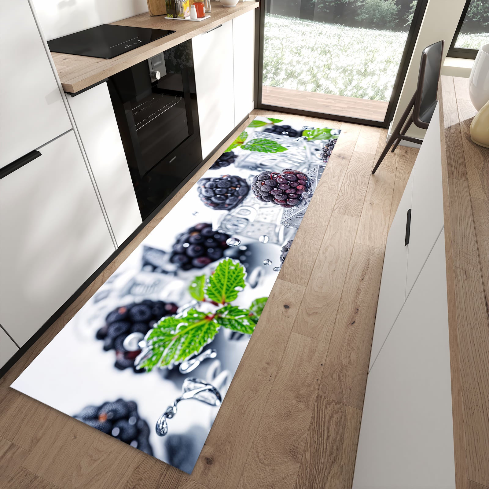 Geräuschdämpfender abwaschbarer Küchenläufer mit Motiv Brombeeren Eiskalt in moderner Küche