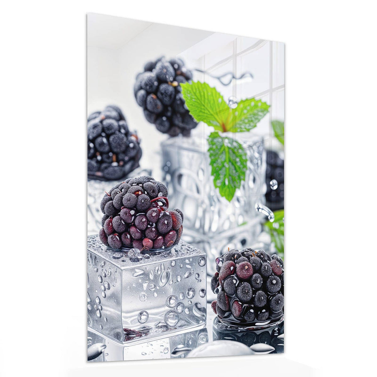 11 Größen – von 30 × 60 bis 60 × 150 cm – Wandbild - Brombeeren auf Eis - Hochformat