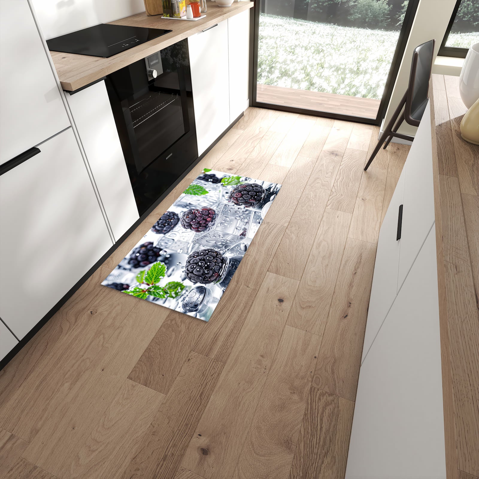 Rutschfester Küchenläufer mit Motiv Brombeeren Eiskalt in moderner Küche #grösse_60 x 120 cm