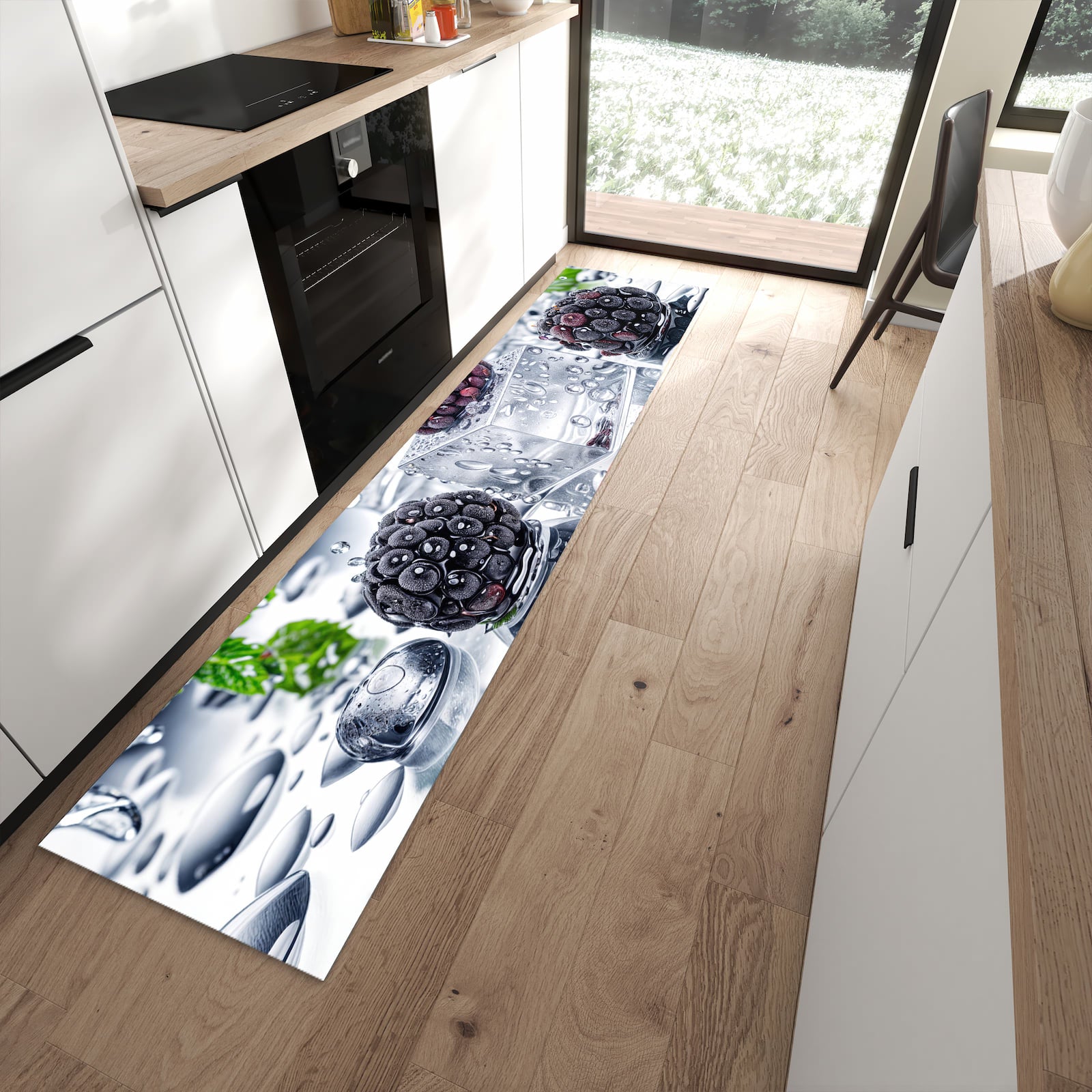Bodenschonender rutschfester Küchenläufer mit Motiv Brombeeren Eiskalt in moderner Küche