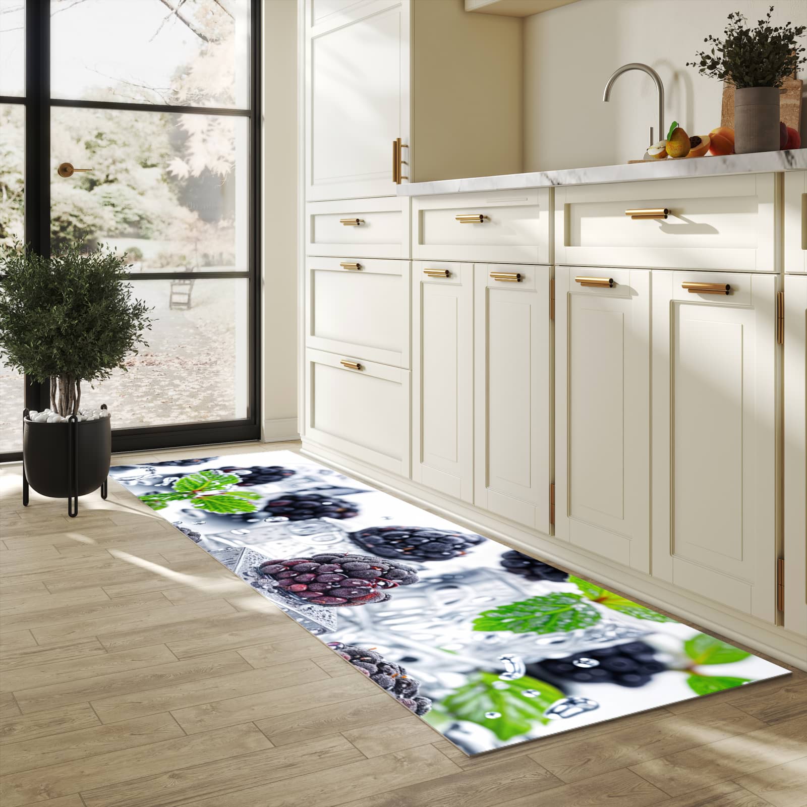 Geruchsneutraler rutschfester Läufer mit Motiv Brombeeren Eiskalt in heller Küche