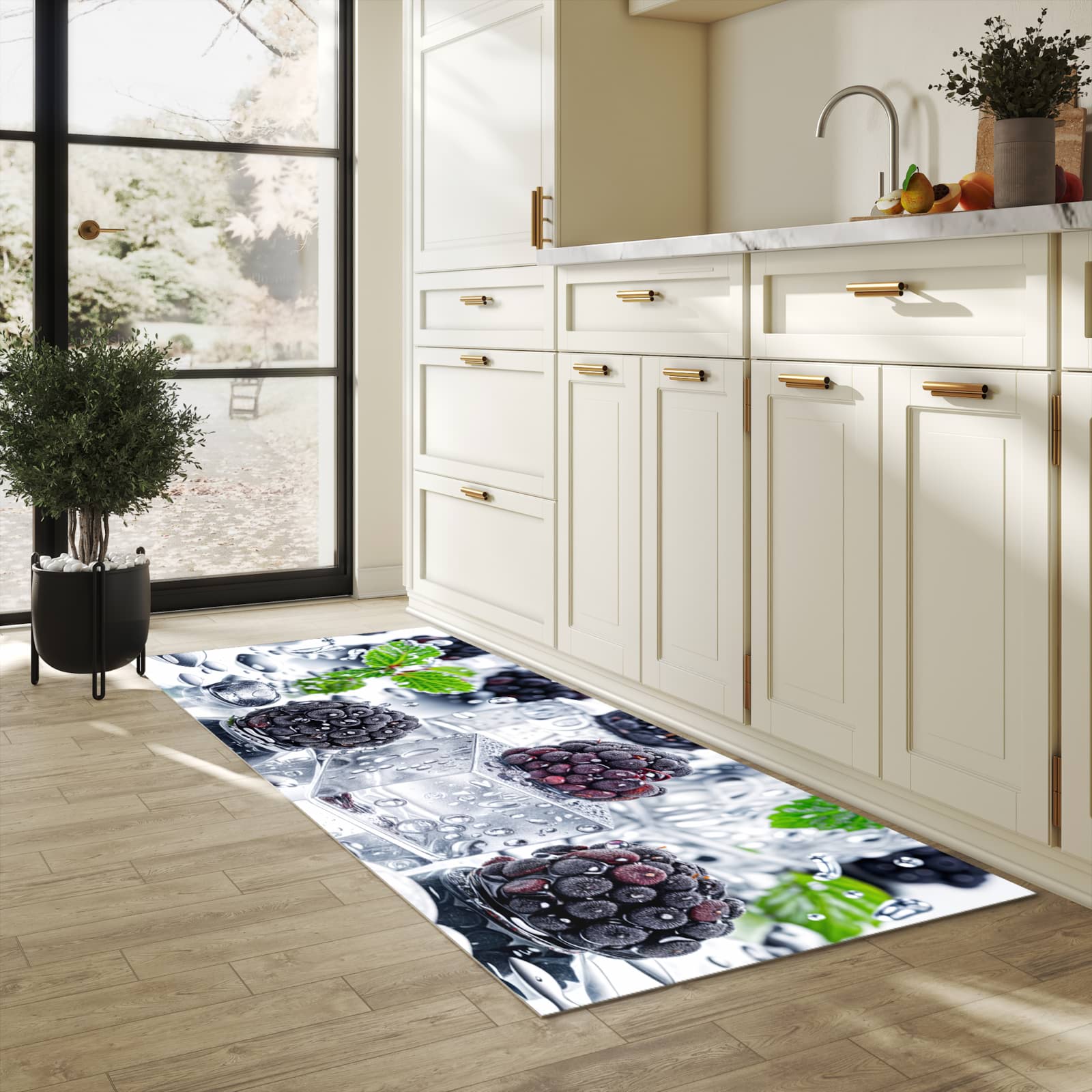 Pflegeleichter dünner Küchenteppich mit Motiv Brombeeren Eiskalt in heller Küche