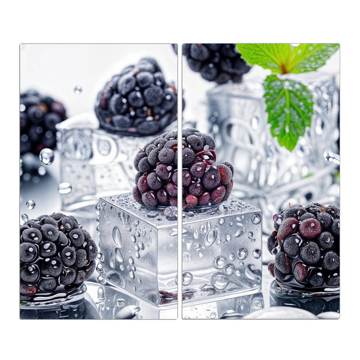 Reife Brombeeren auf klaren Eiswürfeln mit Wassertropfen und einem grünen Blatt