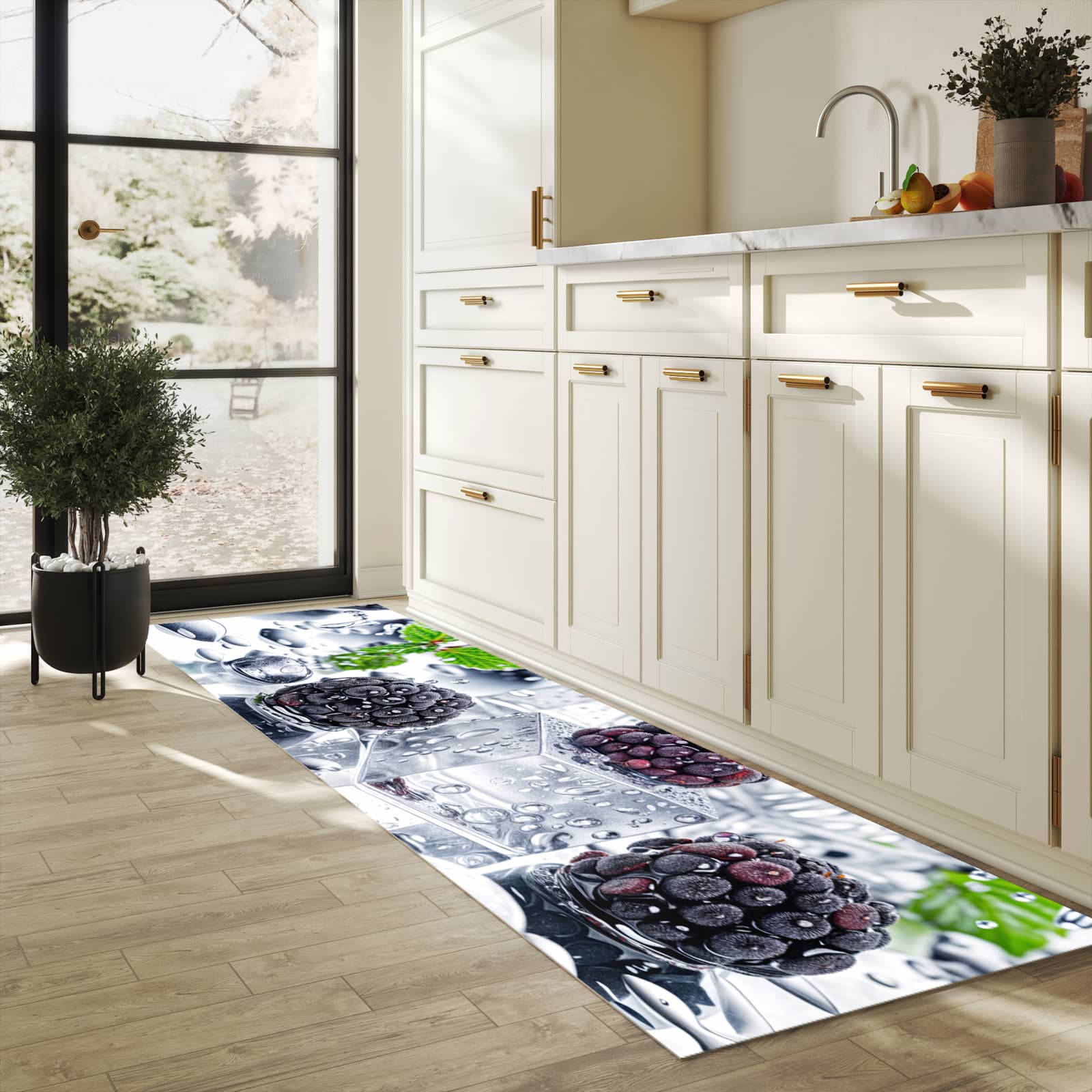 Langlebiger dünner Küchenteppich mit Motiv Brombeeren Eiskalt in heller Küche