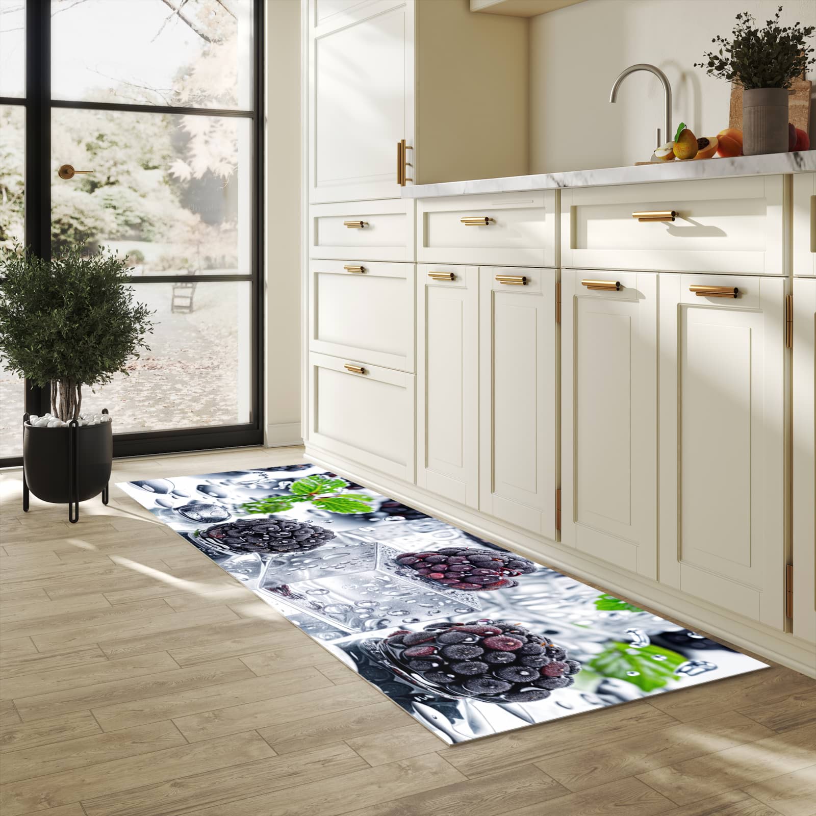 Schmutzabweisender Läufer mit Motiv Brombeeren Eiskalt für Eingangsbereich in heller Küche