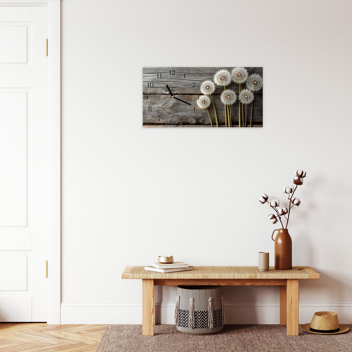 Moderne Wanduhr aus Glas mit Farbtiefe – Wanduhr Pusteblumen Holzoptik aus Glas – Querformat 60 × 30 cm