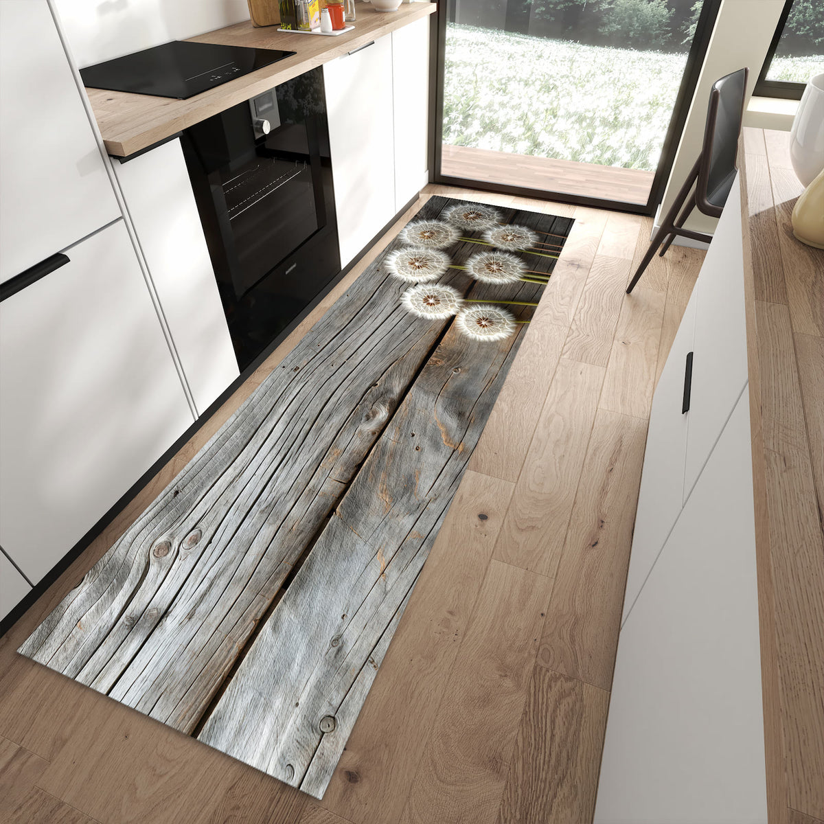Hygienischer Küchenteppich mit Motiv Pusteblumen Holzoptik in moderner Küche - waschbar