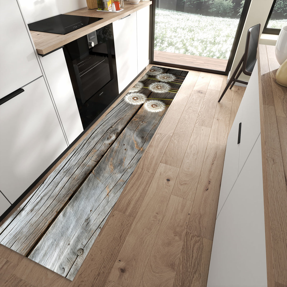 Komfortabler waschbarer Küchenteppich mit Motiv Pusteblumen Holzoptik in moderner Küche