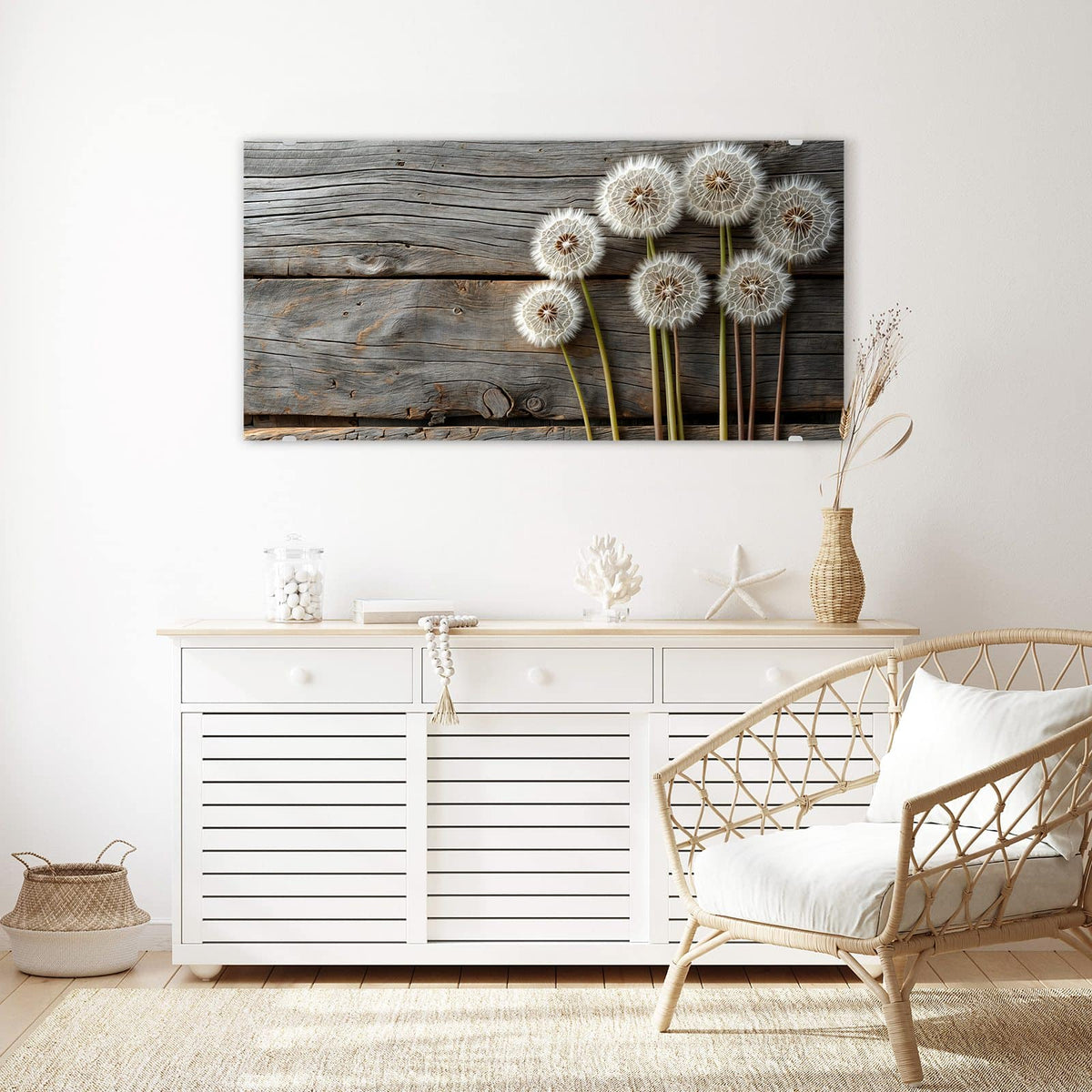 Echtglas, 4 mm – kein Acryl, keine Folie – Wandbild - Pusteblumen auf Holz - Querformat