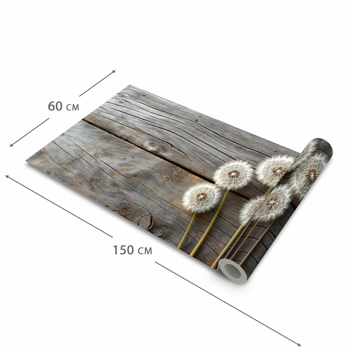 Farbbeständiger waschbarer Küchenteppich mit Motiv Pusteblumen Holzoptik in der Grösse 80x300 cm