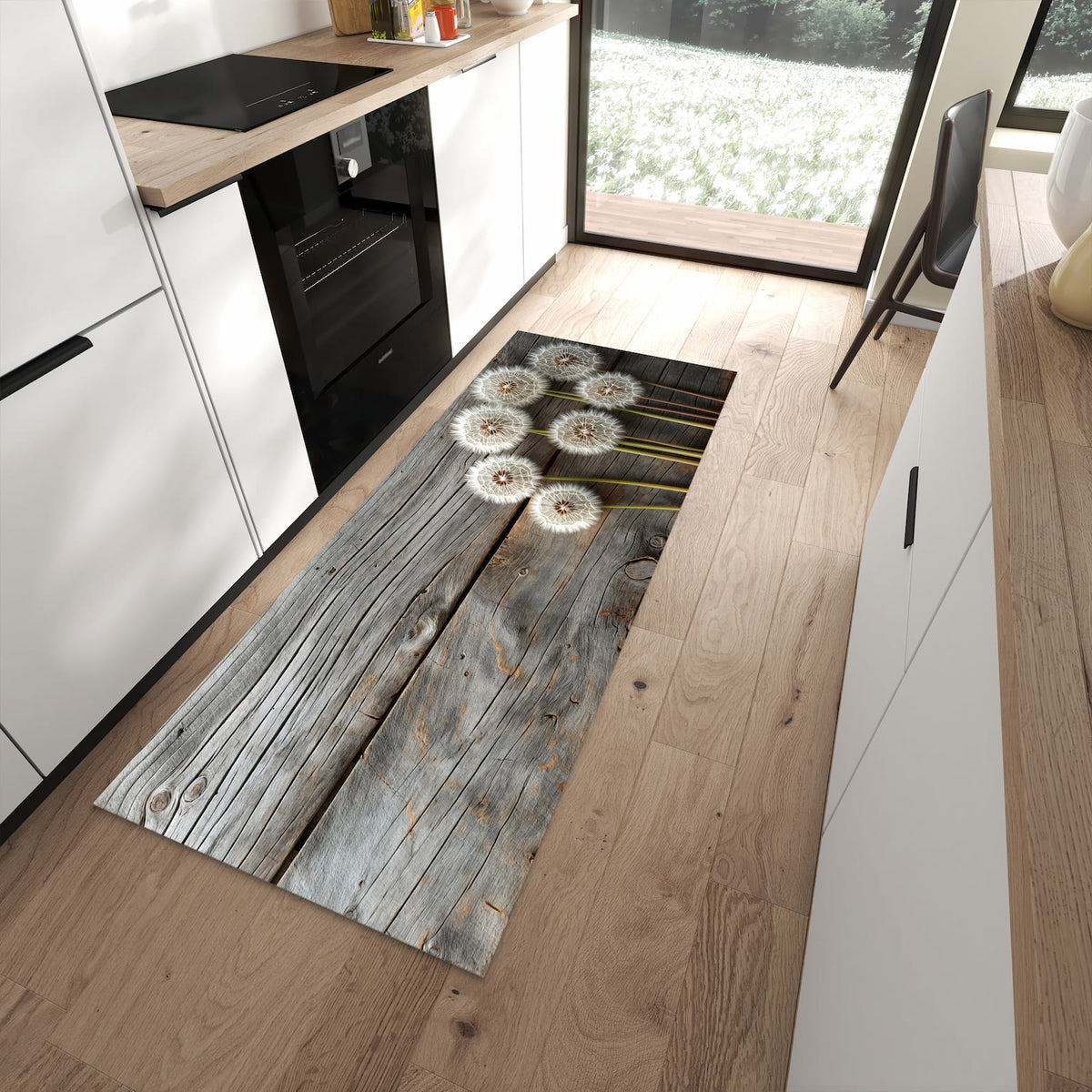 Pflegeleichter großer Küchenteppich mit Motiv Pusteblumen Holzoptik in moderner Küche