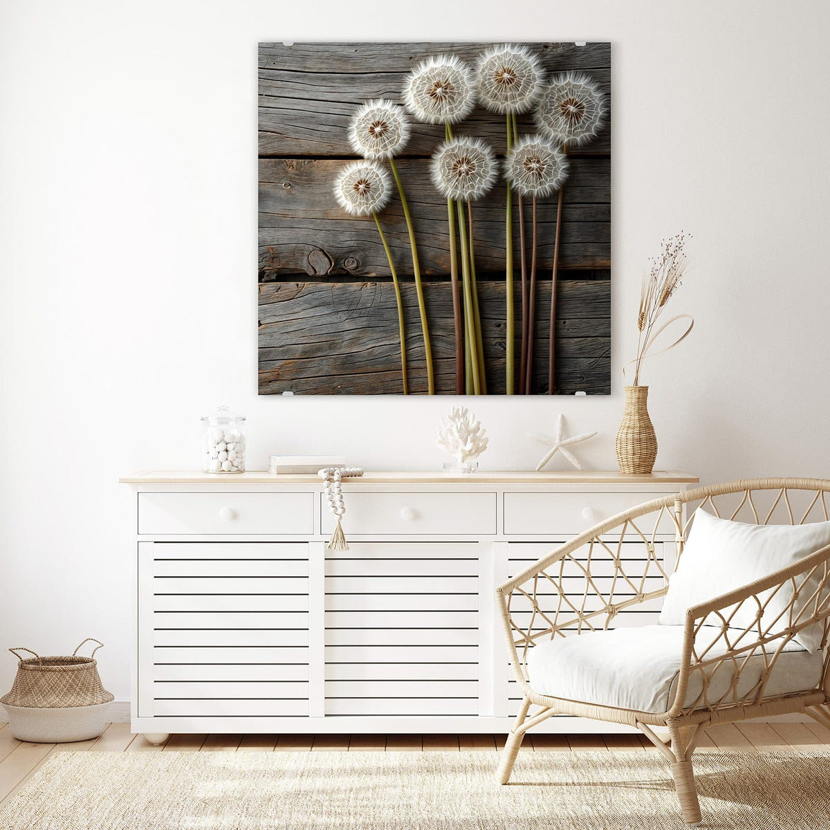Echtglas, 4 mm – kein Acryl, keine Folie – Wandbild - Pusteblumen auf Holz - Quadratisch