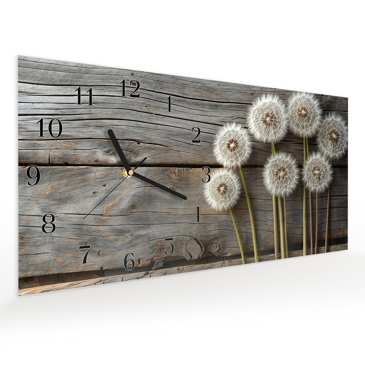 Vormontiert – mit Schwebeeffekt – Wanduhr Pusteblumen Holzoptik aus Glas – Querformat 60 × 30 cm