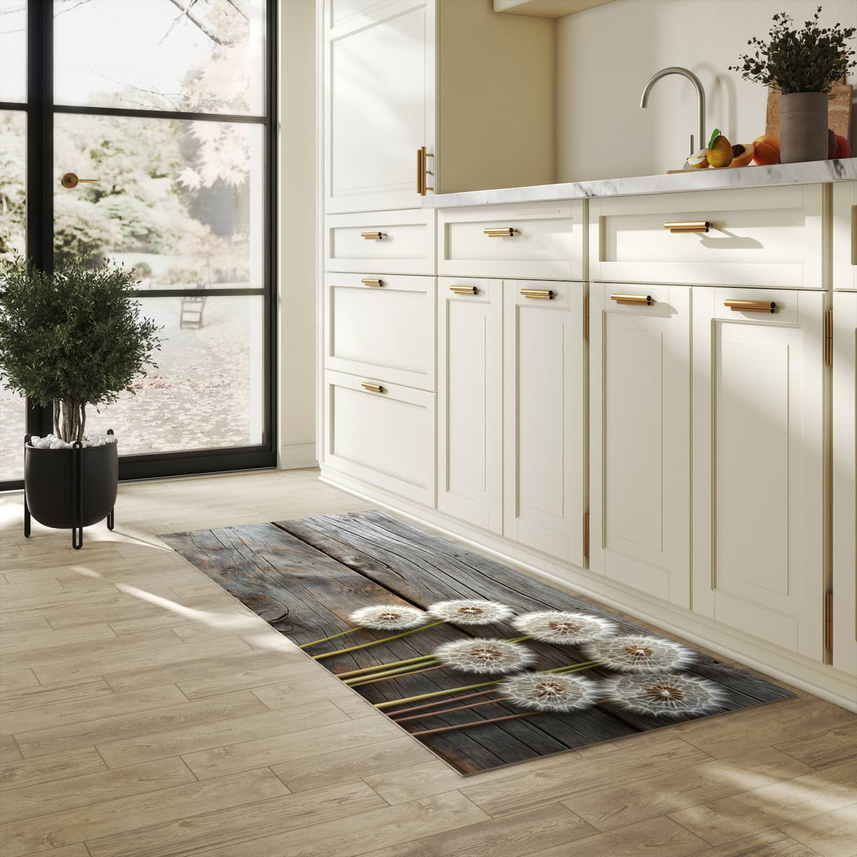 Feuchtigkeitsresistenter Küchenteppich mit Motiv Pusteblumen Holzoptik in heller Küche