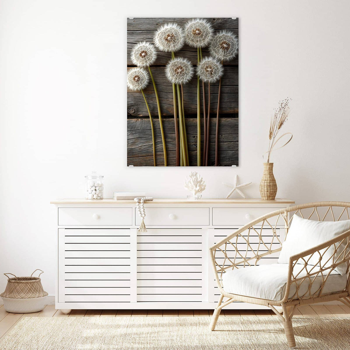 Aufhängung liegt bei – Motiv später wechselbar – Wandbild - Pusteblumen auf Holz - Hochformat
