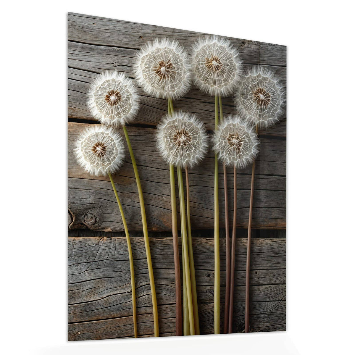 Echtglas, 4 mm – kein Acryl, keine Folie – Wandbild - Pusteblumen auf Holz - Hochformat