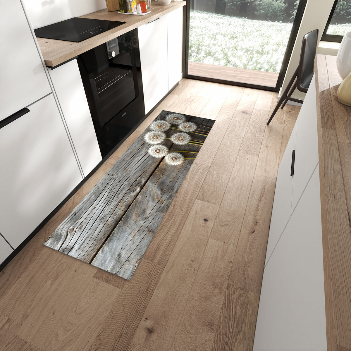 Langlebiger Küchenteppich mit Motiv Pusteblumen Holzoptik in moderner Küche