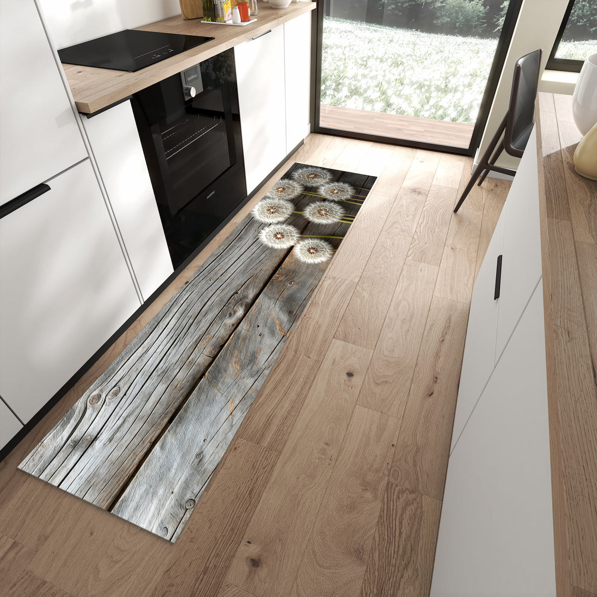 Flacher Küchenteppich mit Motiv Pusteblumen Holzoptik in moderner Küche für rutschfesten Stand