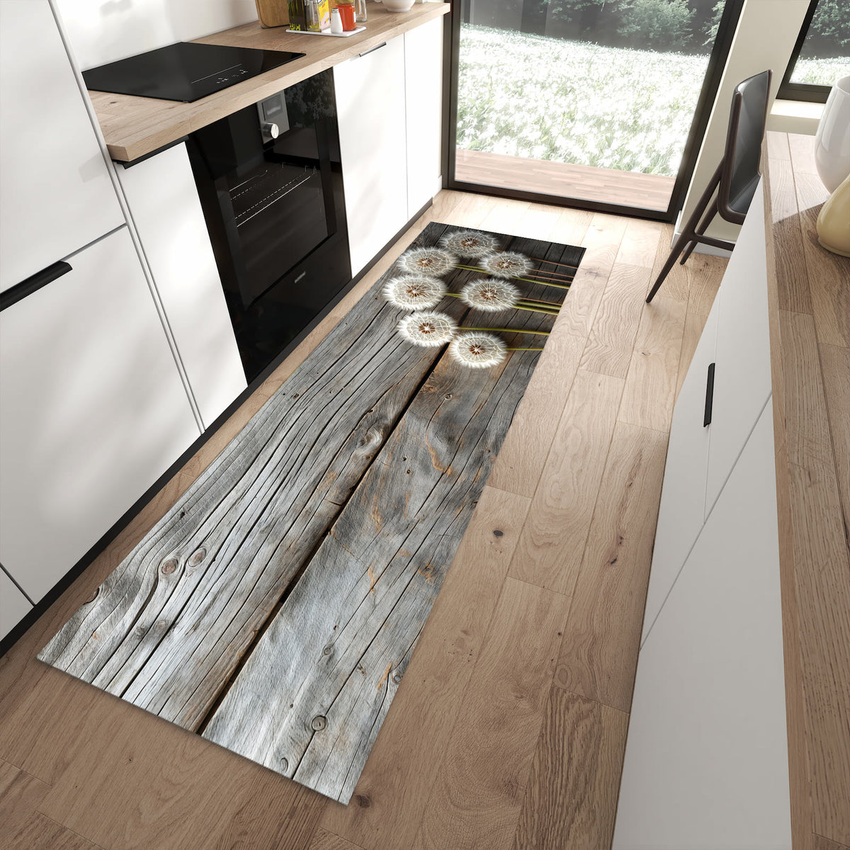 Rutschfester Küchenteppich mit Motiv Pusteblumen Holzoptik für angenehmes Stehen in moderner Küche