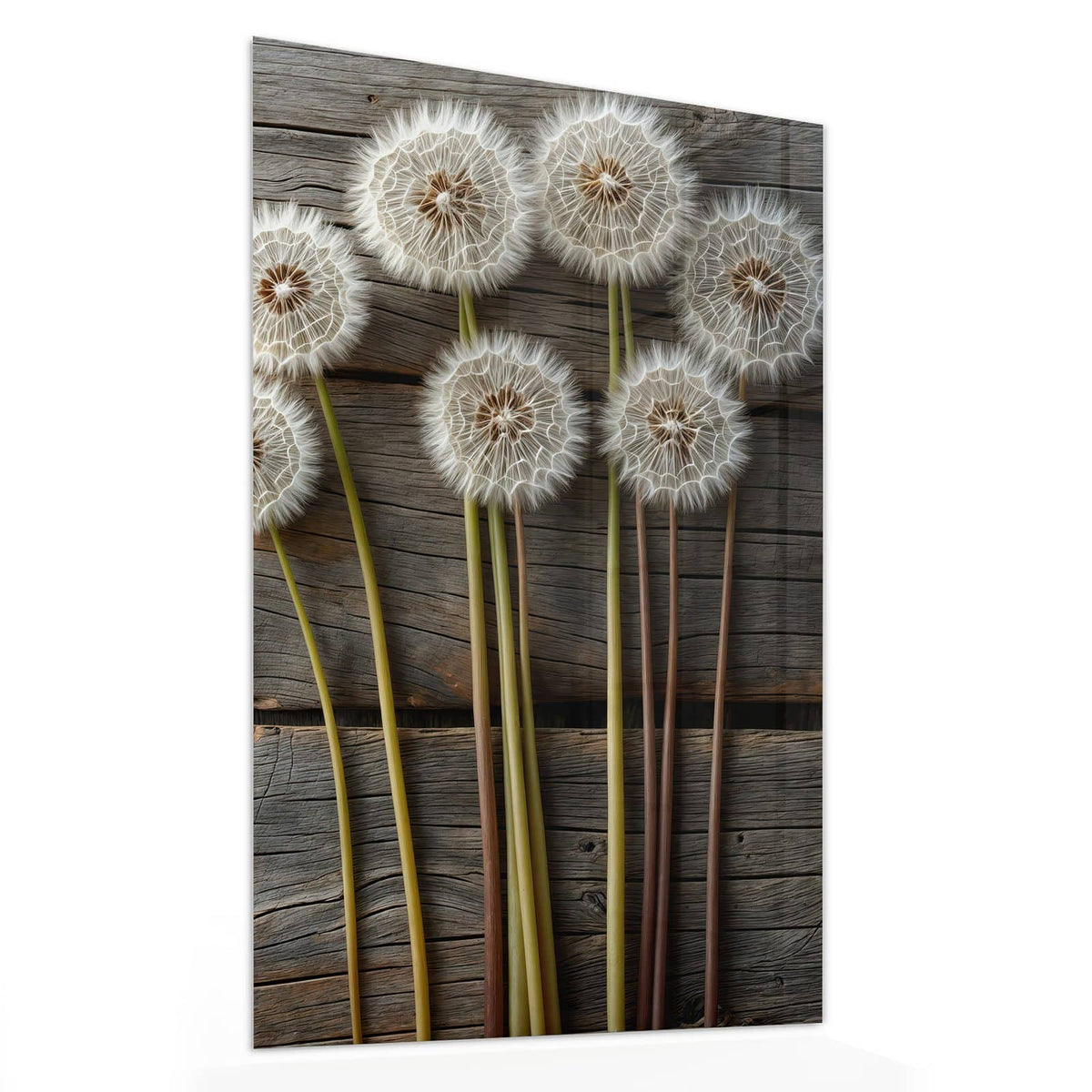 11 Größen – von 30 × 60 bis 60 × 150 cm – Wandbild - Pusteblumen auf Holz - Hochformat
