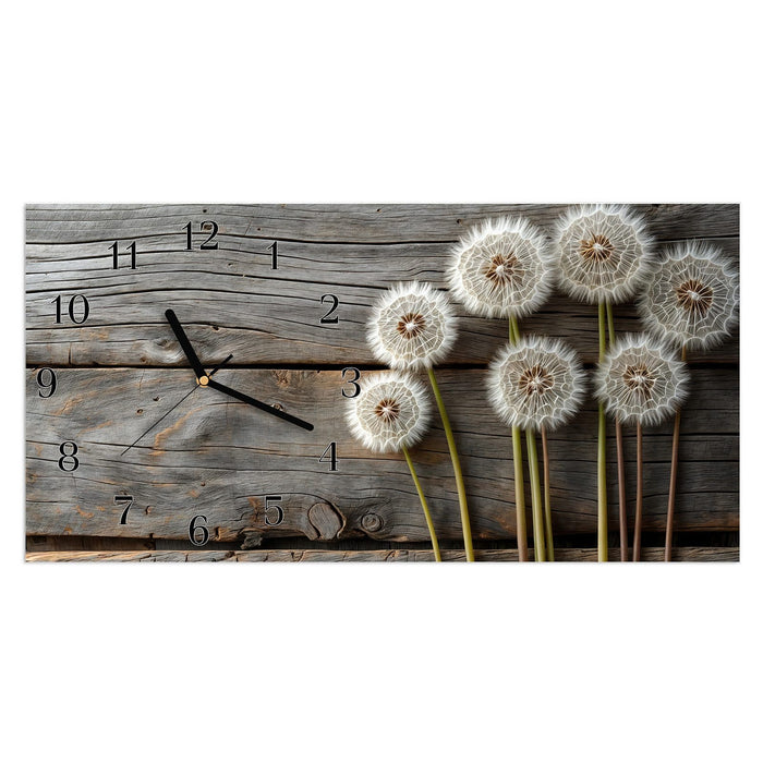 Wanduhr Pusteblumen Holzoptik aus Glas – Querformat 60 × 30 cm mit Ziffernblatt Klassisch