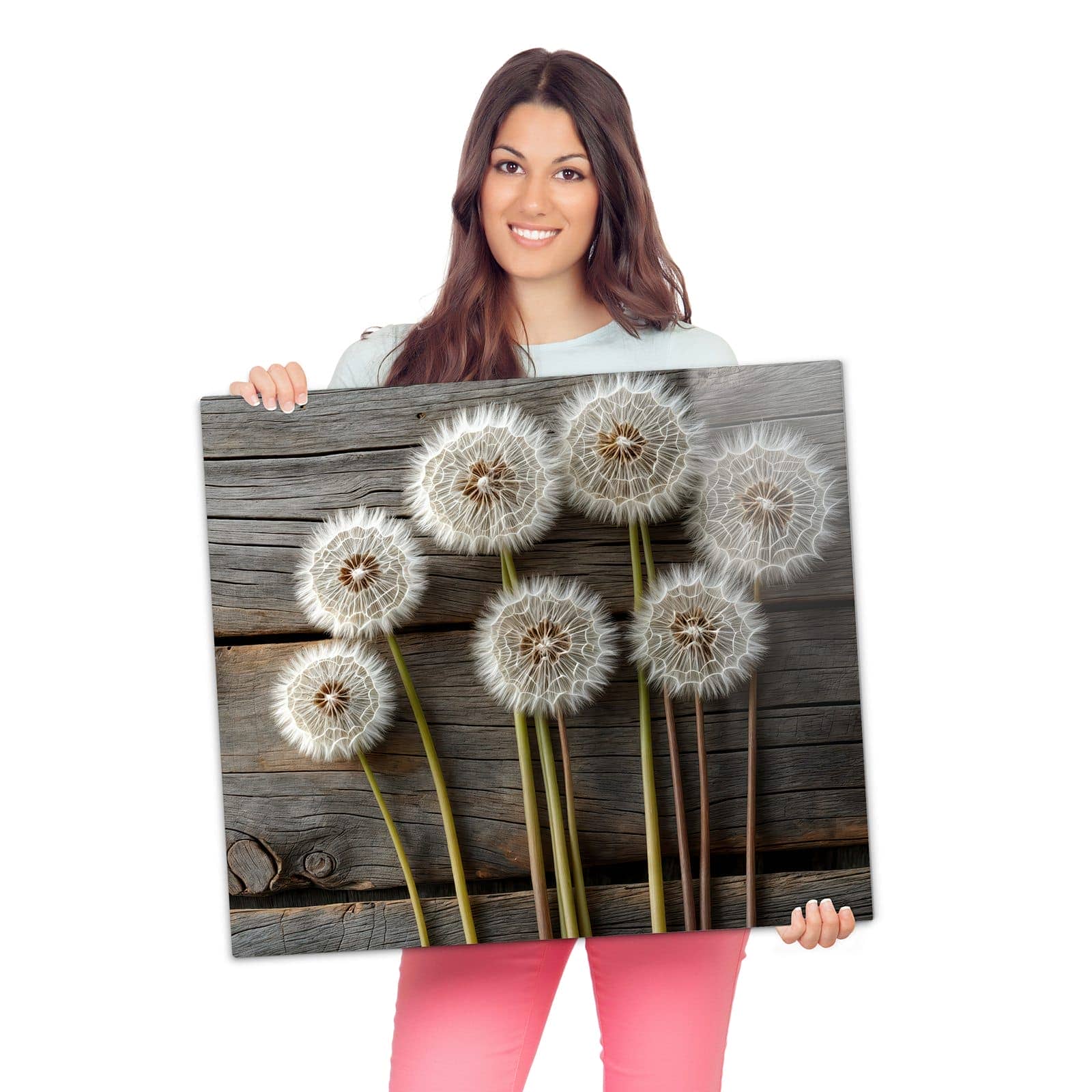 Abdeckplatte für Ceranfeld mit Pusteblumen Holzoptik-Motiv wird zur Größendarstellung gehalten