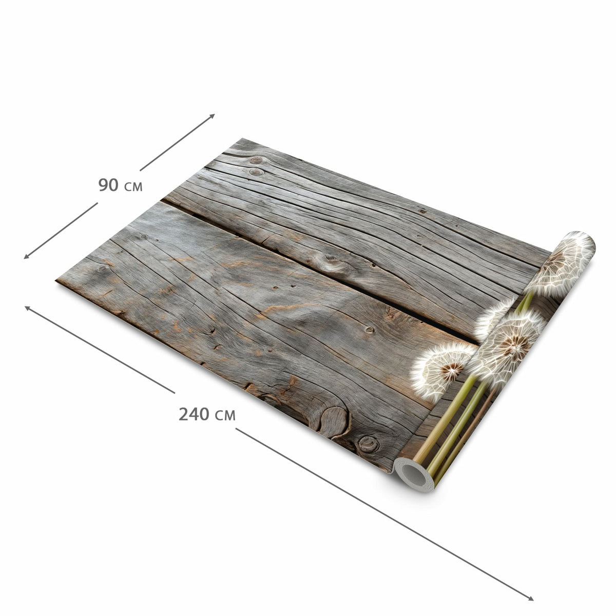 Geruchsneutraler rutschfester Küchenläufer mit Motiv Pusteblumen Holzoptik in der Größe 90x180 cm