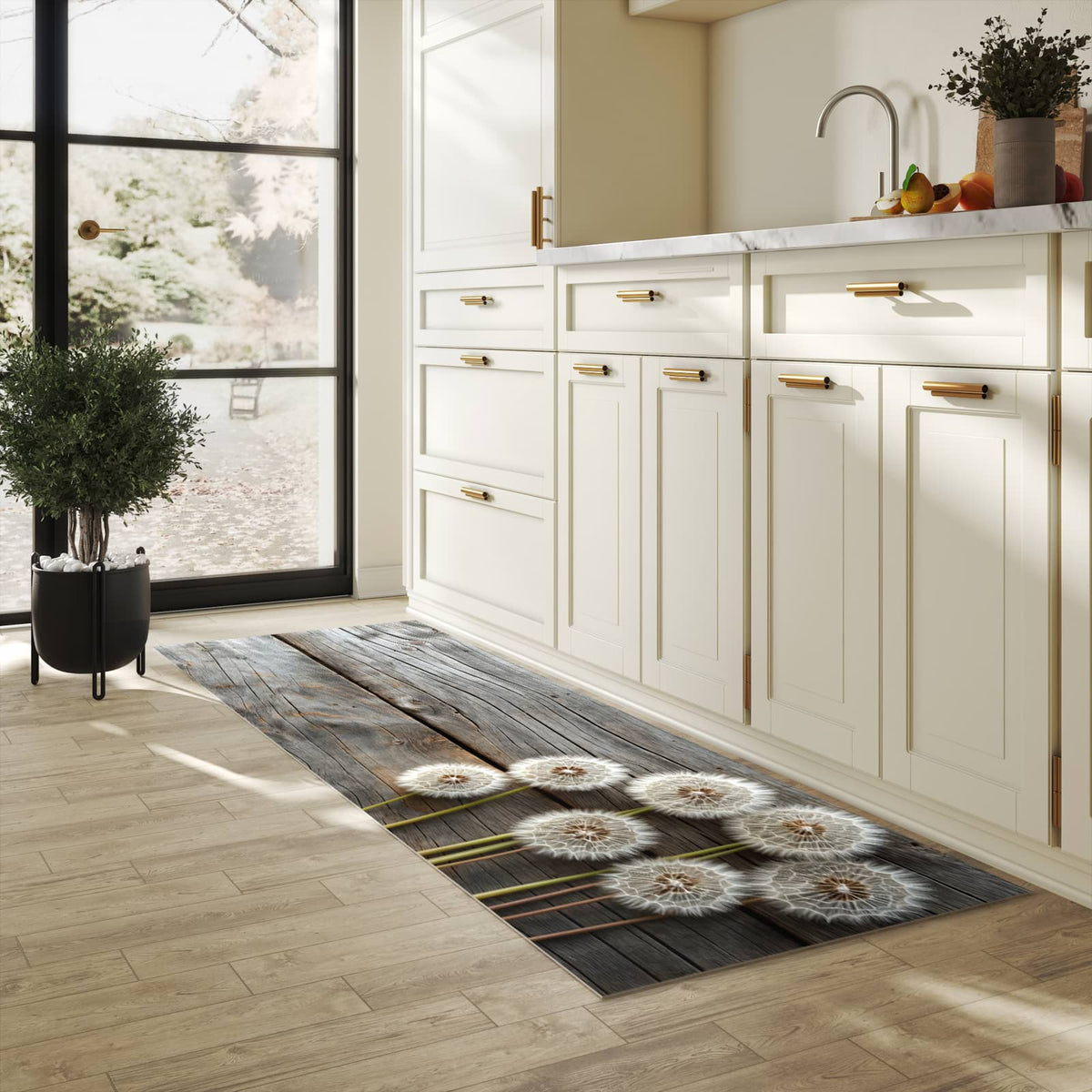 Bodenschonender Küchenteppich mit Motiv Pusteblumen Holzoptik in heller Küche