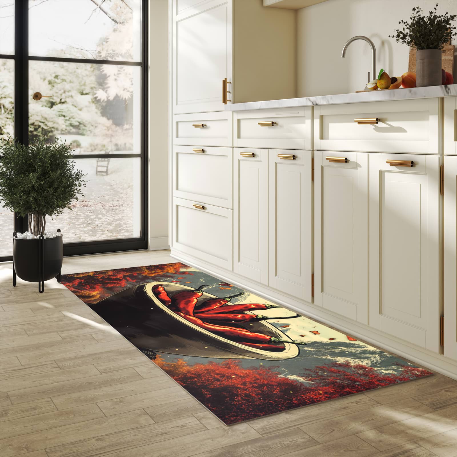 Rutschhemmender Küchenläufer mit Motiv Frische Chilischoten in heller Küche