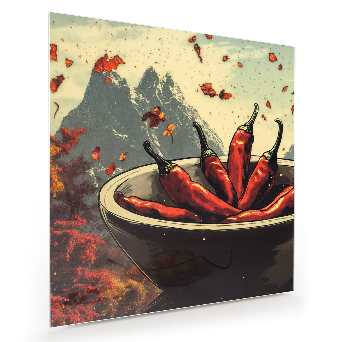 Illustration: dunkle Schale voller roter Chilischoten, im Hintergrund Berge, Chiliflocken fliegen durch die Luft