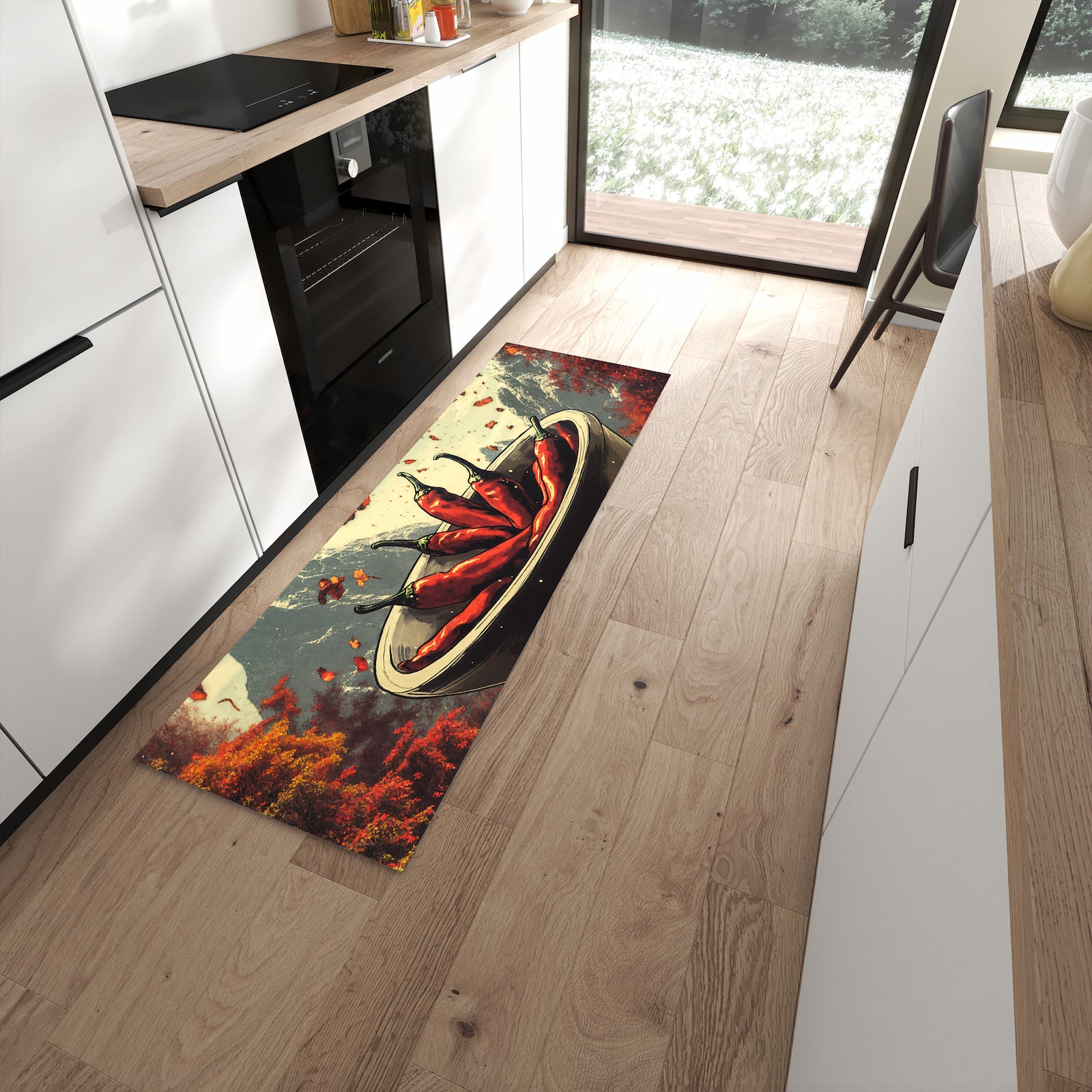 Bodenschonender langer Teppich mit Motiv Frische Chilischoten in moderner Küche