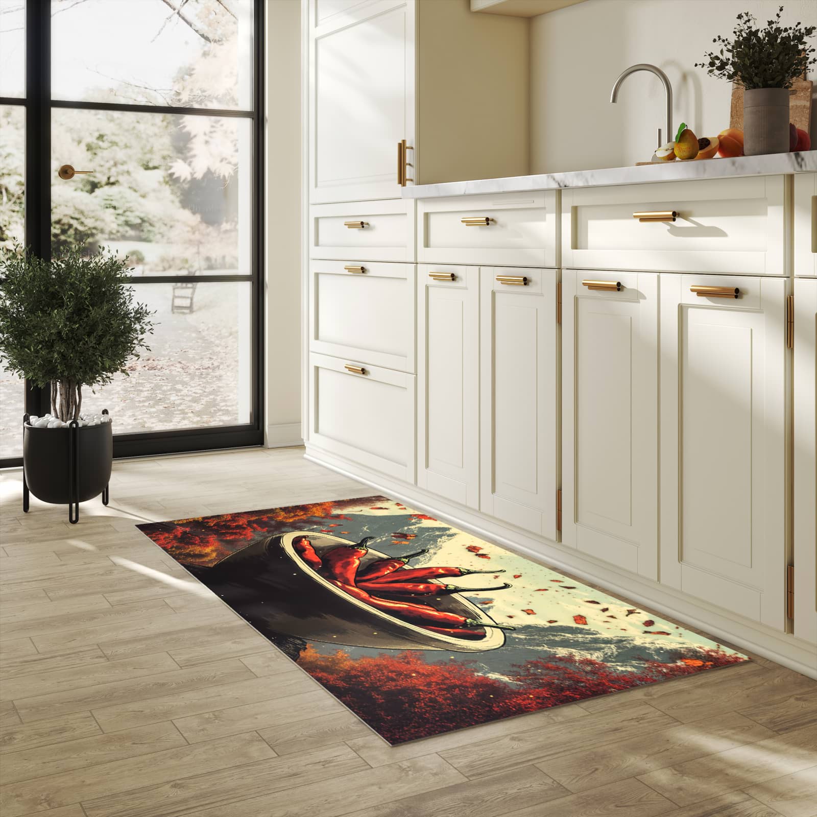 Komfortabler moderner Küchenläufer mit Motiv Frische Chilischoten in heller Küche