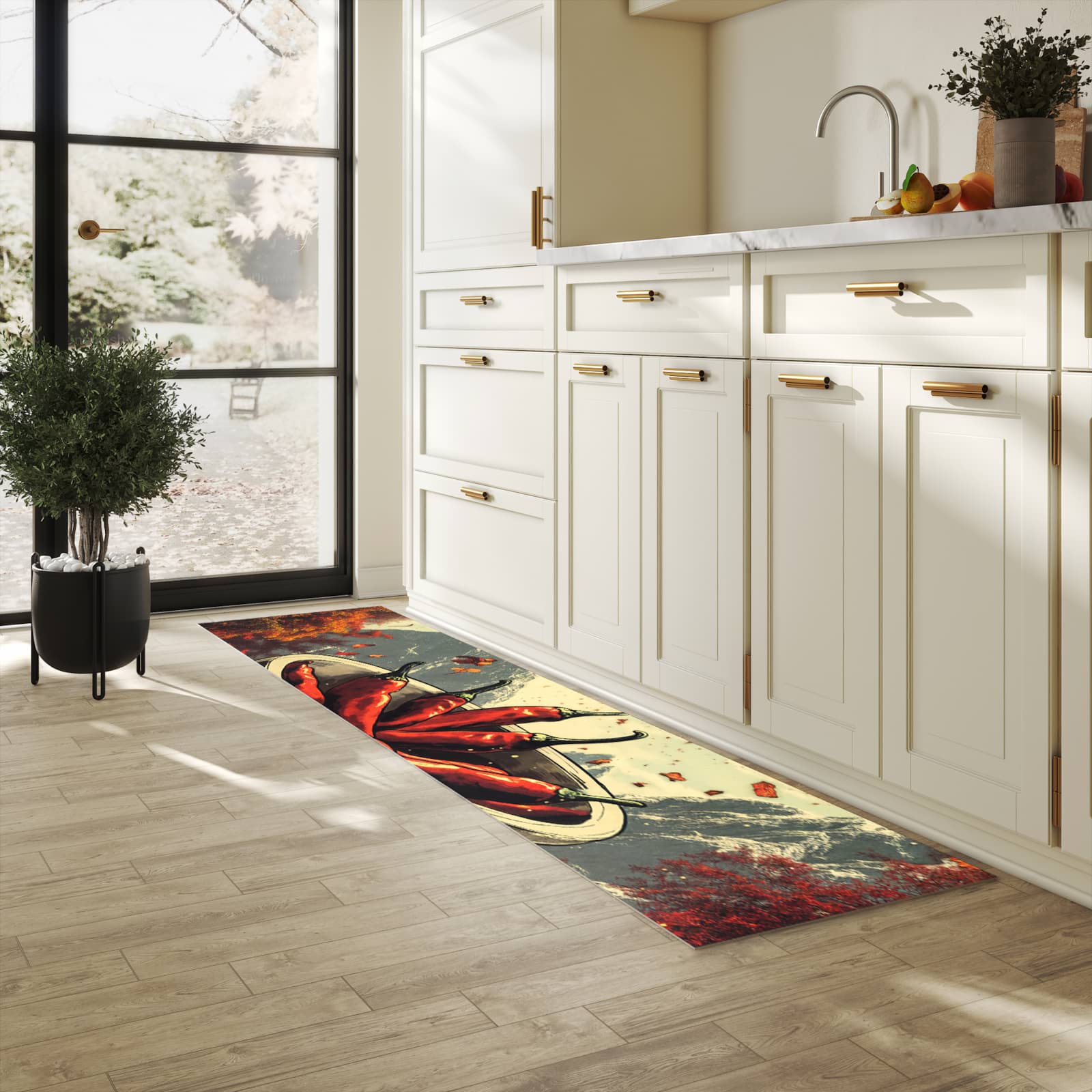 Wasserabweisender rutschfester Küchenläufer mit Motiv Frische Chilischoten in heller Küche