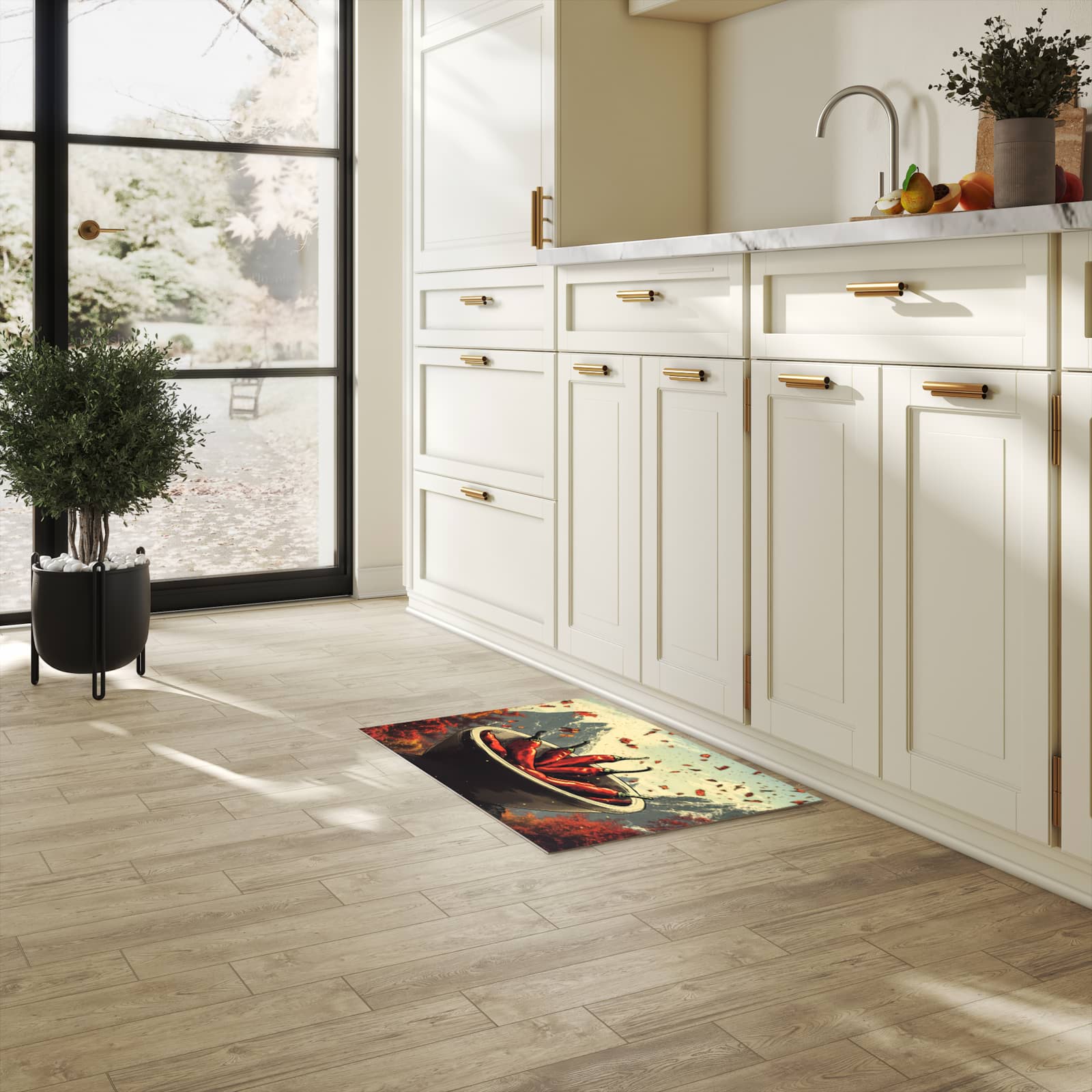 Schmutzabweisender Küchenläufer mit Motiv Frische Chilischoten in heller Küche