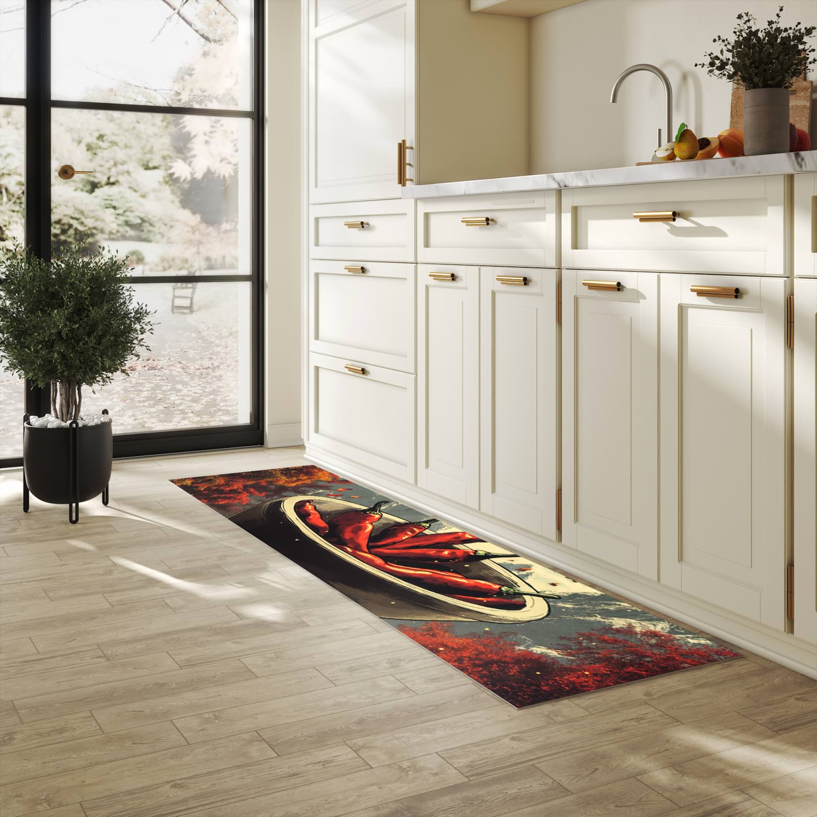 Rutschfester Küchenläufer mit Motiv Frische Chilischoten für Trittkomfort in heller Küche