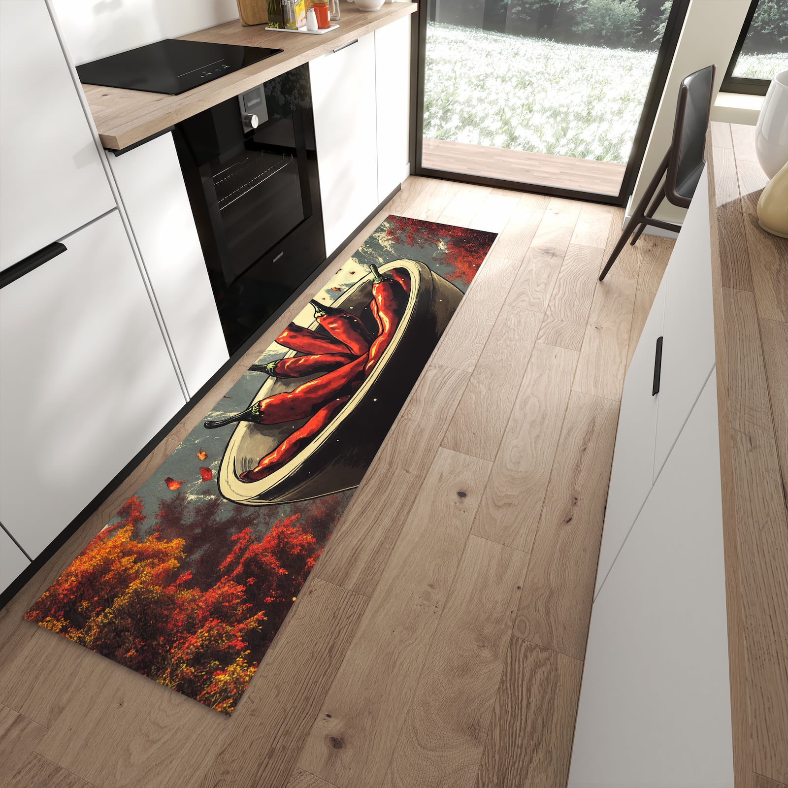 Farbbeständiger Läufer für den Eingangsbereich mit Motiv Frische Chilischoten in moderner Küche