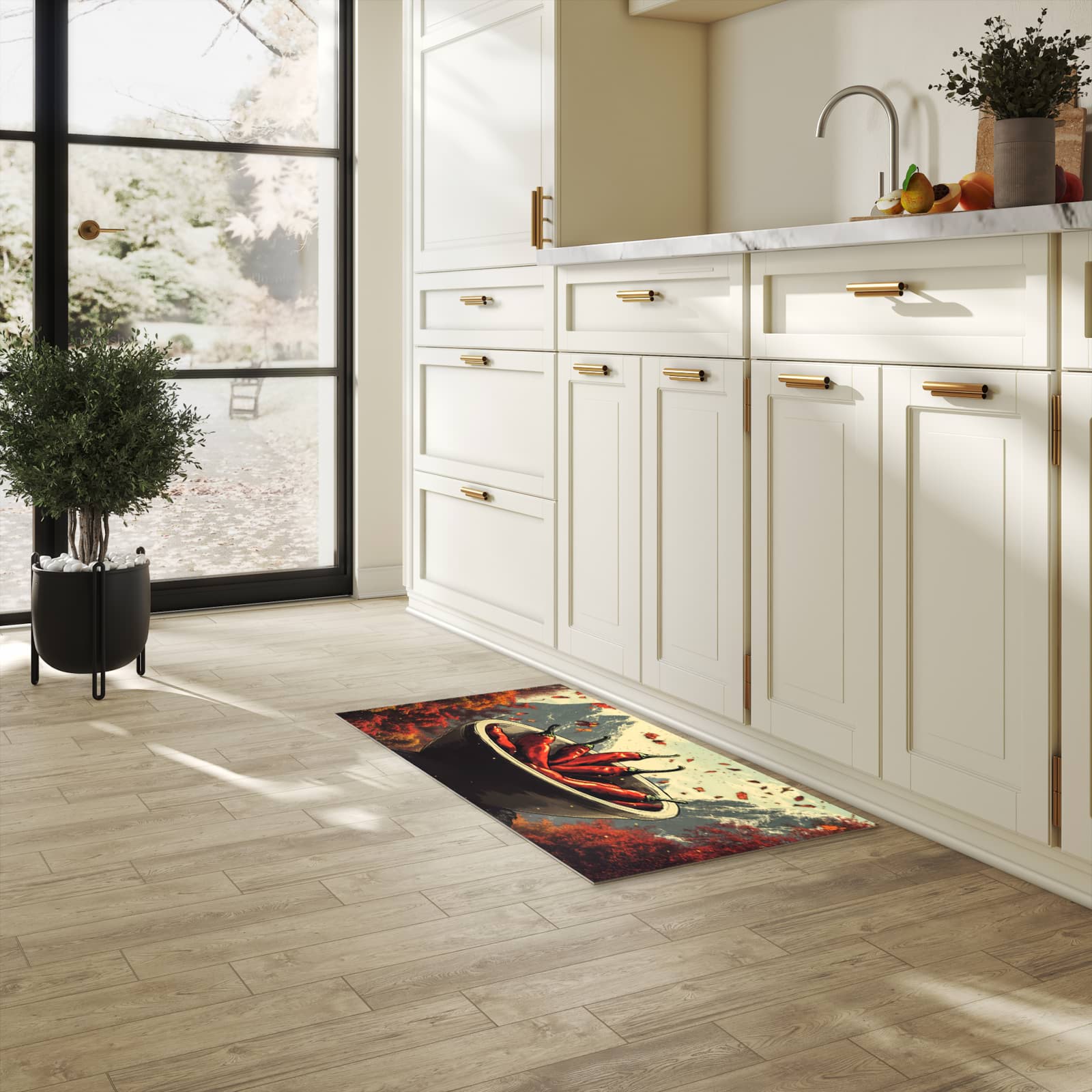 Geräuschdämpfender Küchenläufer mit Motiv Frische Chilischoten in heller Küche