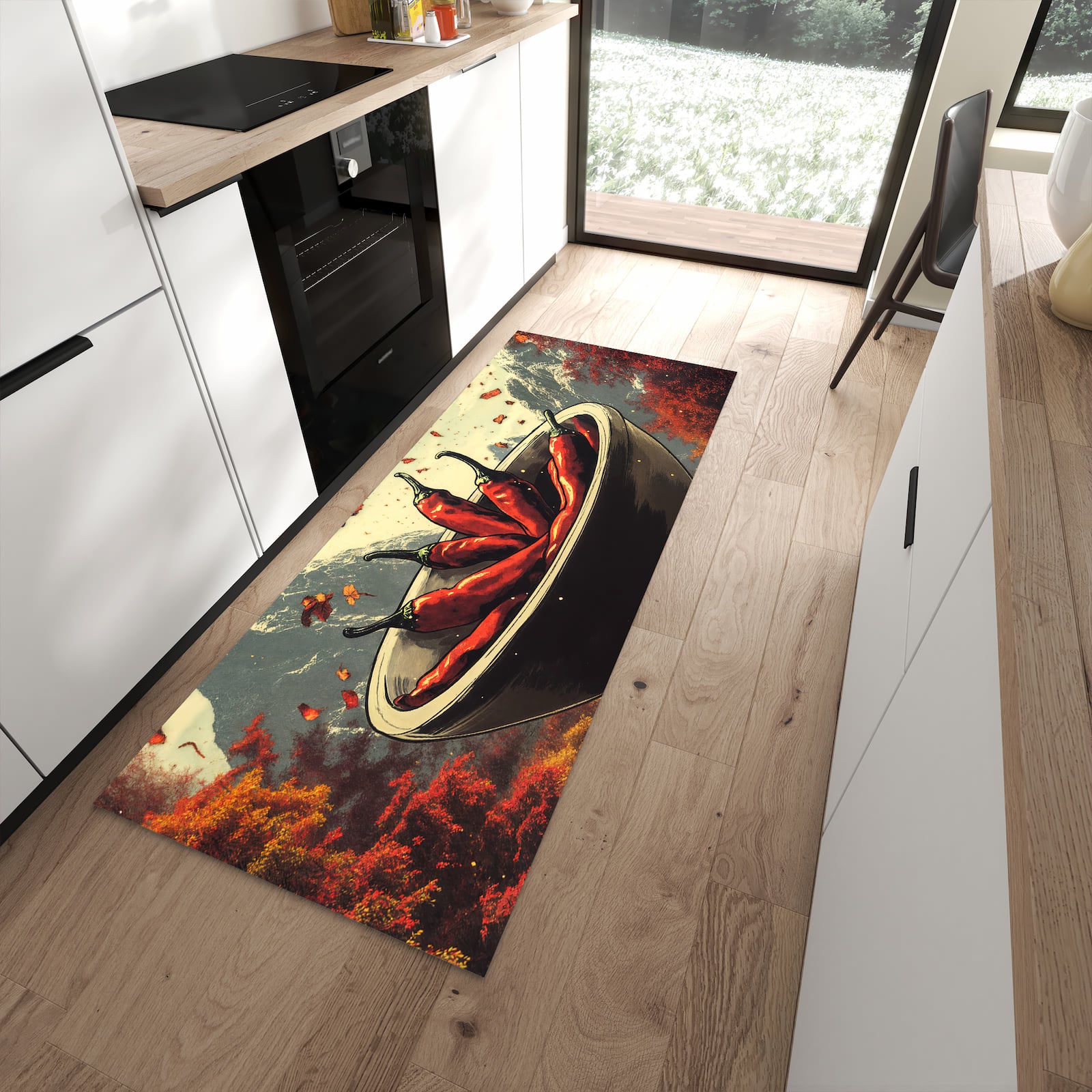 Geräuschdämpfender dünner Küchenteppich mit Motiv Frische Chilischoten in moderner Küche