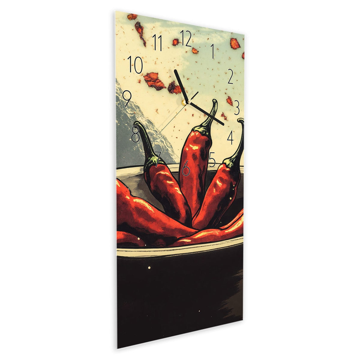 Wanduhr aus Glas im Hochformat Schale mit Chilis schräg von der Seite, 4 mm starkes Glas