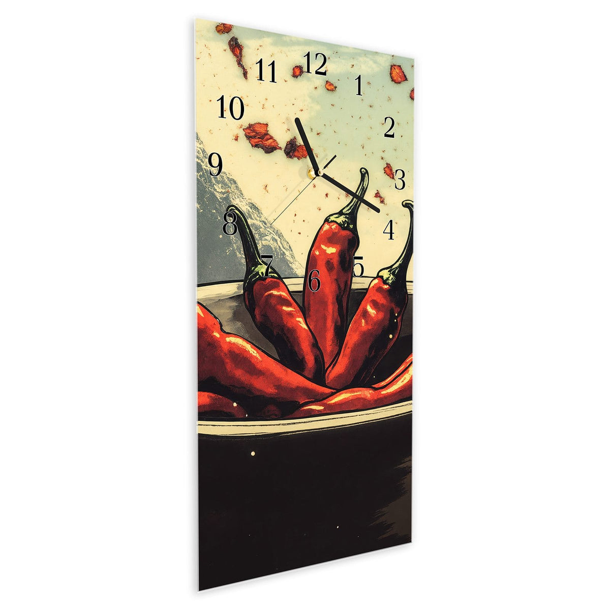 Wanduhr aus Glas im Hochformat Schale mit Chilis schräg von der Seite, 4 mm starkes Glas