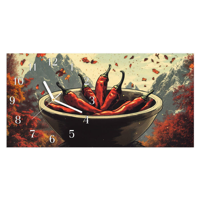 Wanduhr Frische Chilischoten aus Glas – Querformat 60 × 30 cm mit Ziffernblatt Klassisch