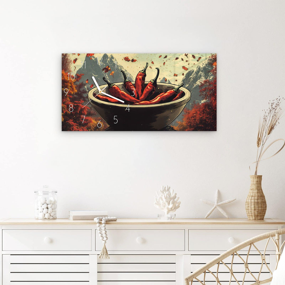 Wanduhr Frische Chilischoten aus Glas – Querformat 60 × 30 cm – Rote Schoten dicht an dicht